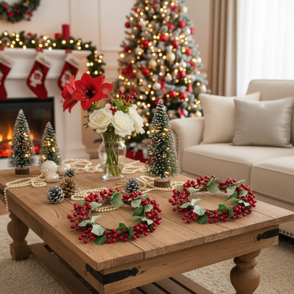 3PCS Set Christmas Door Wreath With Pine Cones & Greenery 13 Red Berry Holly Wreath For Holiday Home Decor FBA Shipment